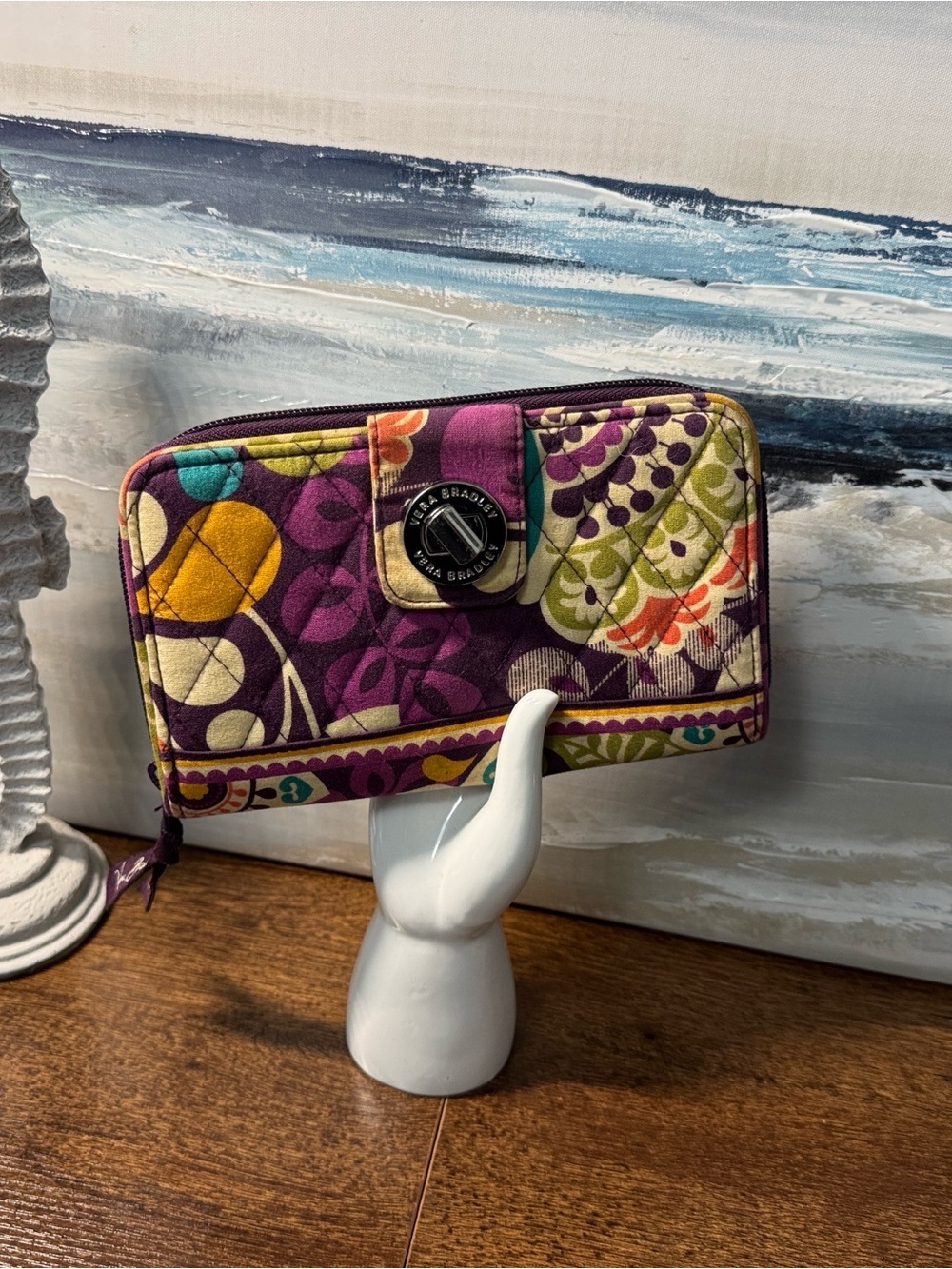 Vera Bradley Purple Quilted Zip-Around Floral Wallet with Yellow & Teal Accents